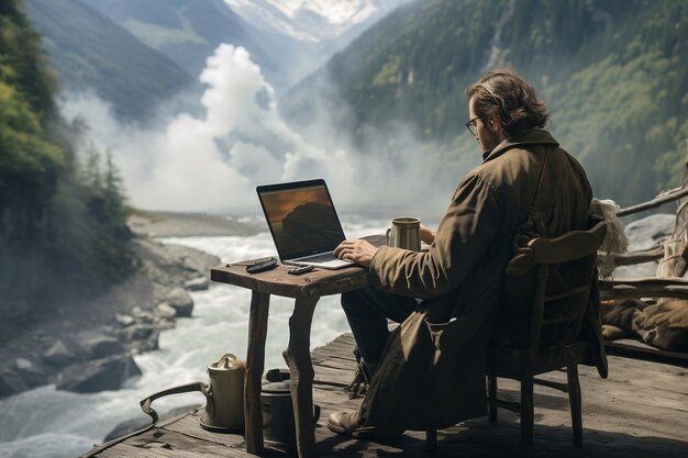 Freelancer working online while hiking in the wilderness Generative Ai