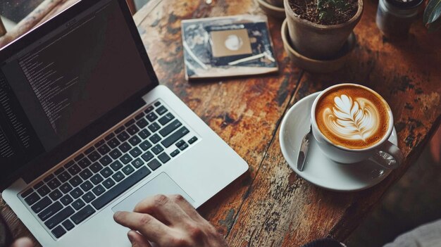 A freelancer working on a project from a coffee shop laptop open and creative tools nearby