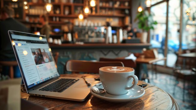 Freelancer working remotely on a laptop in a cafe with a digital coffee order interface