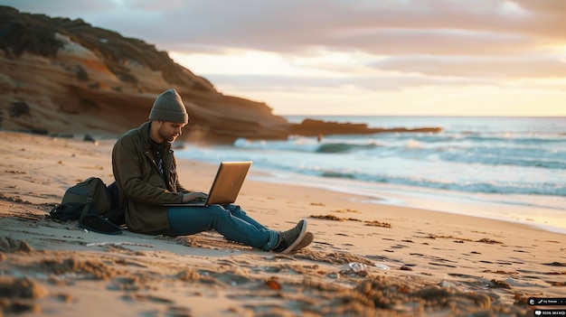 Photo freelancer works from the beach