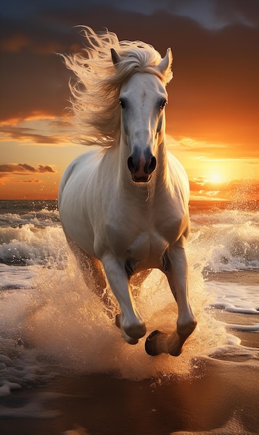 Freeraging wild white horse at sunset on the beach Generative AI