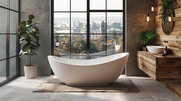 a freestanding bathtub sits in a bathroom with a view of the city