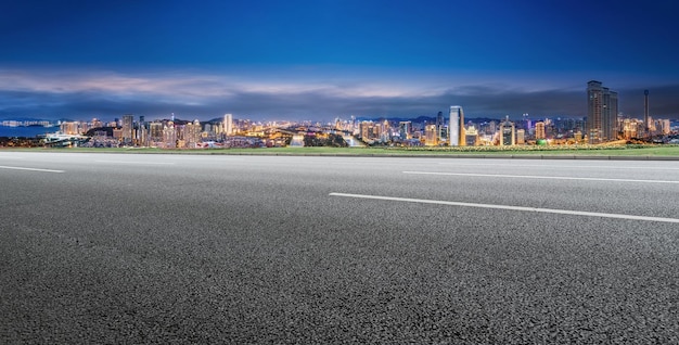 Freeway skyline and financial district modern buildings