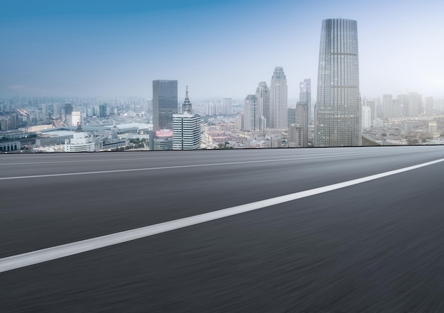 Freeway skyline and financial district modern buildings