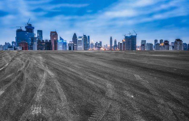 Freeway skyline and financial district modern buildings