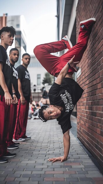 Photo freeze frame of male breakdance performer doing handstand pose with team agnst brick wall outdoors