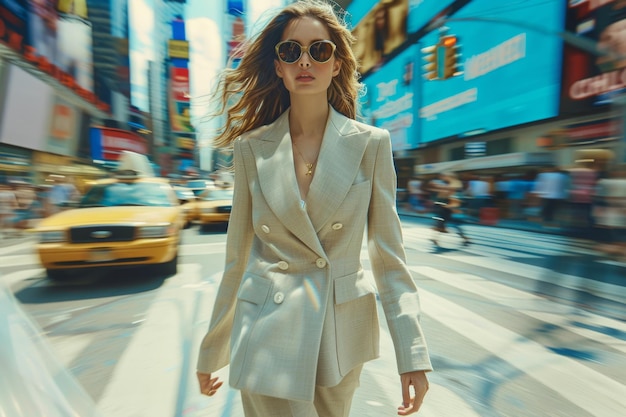 Freeze the moment as the model strides confidently across a bustling city street the urban backdrop a blur of motion contrasting with the sharp focus on the impeccable tailoring of her ensemble