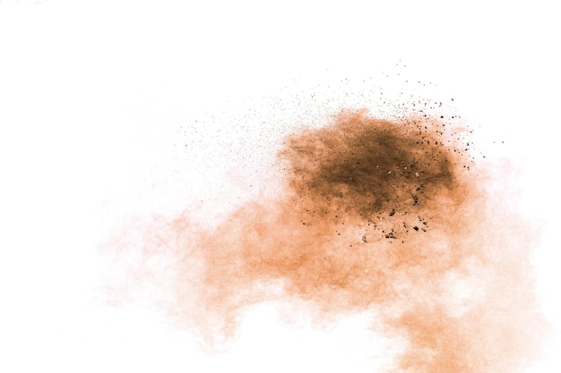 Freeze motion of brown dust explosion on white backgroundStopping the movement of brown powder