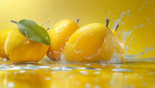 Freeze motion of falling fresh mangoes fruit into water