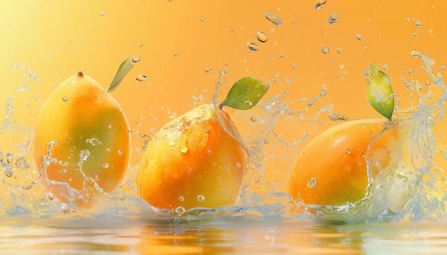 Freeze motion of falling fresh mangoes fruit into water