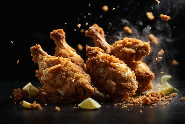 Freeze motion of flying pieces of fried chicken pieces on black background Concept of levitating fo