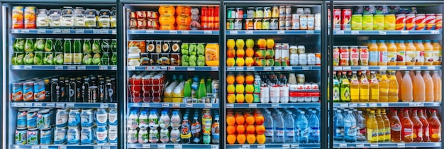 Freezer shelves at grocery store stocked with food and drinks Interior view captures glass fridge