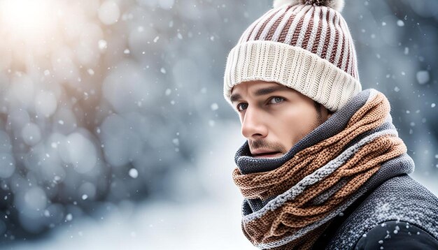 Freezing cold young ill man wearing winter hat and scarf covered face with scarf isolated on white