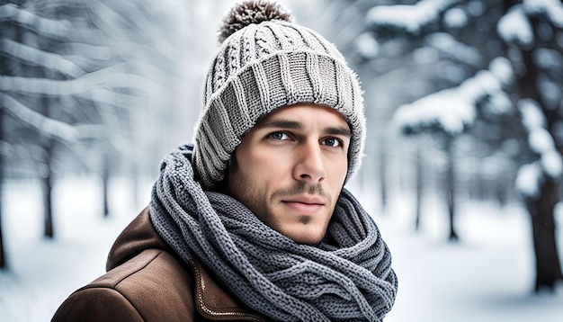 Freezing cold young ill man wearing winter hat and scarf covered face with scarf isolated on white