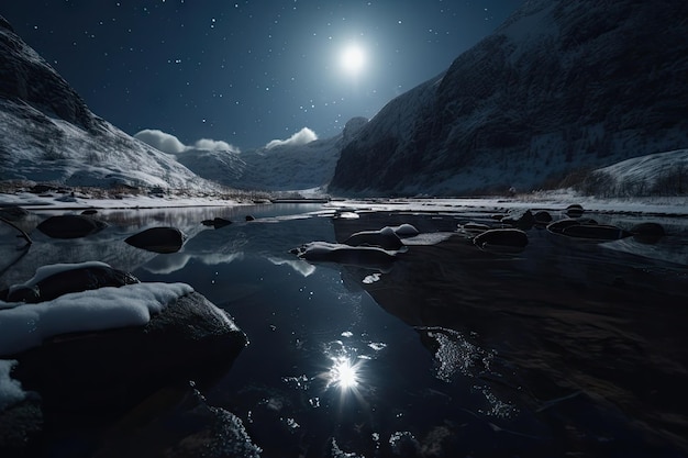 Freezing fiord at night with stars shining above and reflection of the moonlight on the water