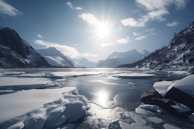 Freezing fiord in winter with snowcovered mountains and icy landscape