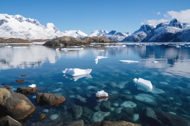 Freezing fiord with crystalclear waters and snowcovered peaks in the background