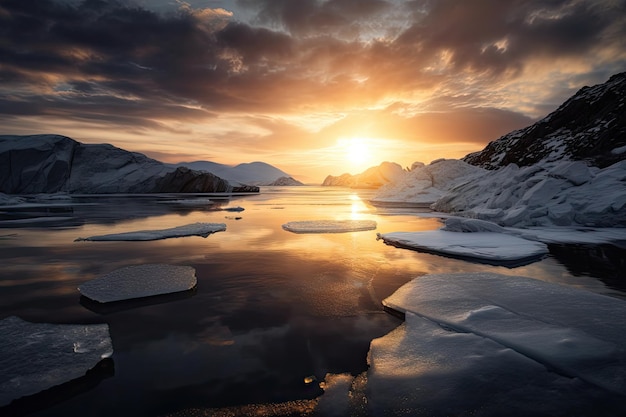 Freezing fiord with dramatic sky showing the setting sun and reflected on the water