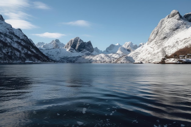 Freezing fiord with snowcovered mountains in the background