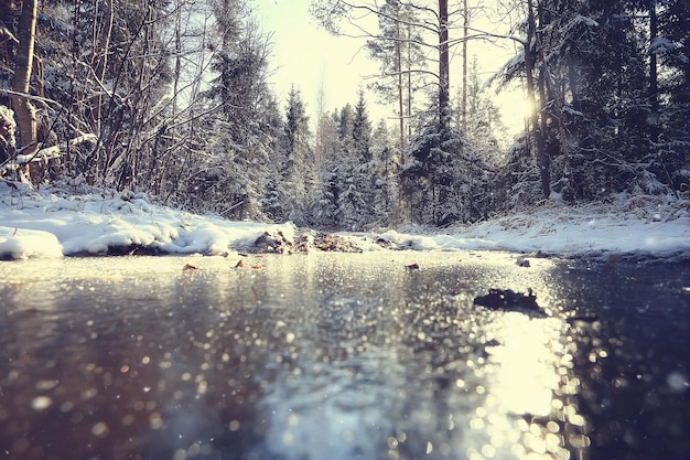 freezing river november december, seasonal landscape in nature winter