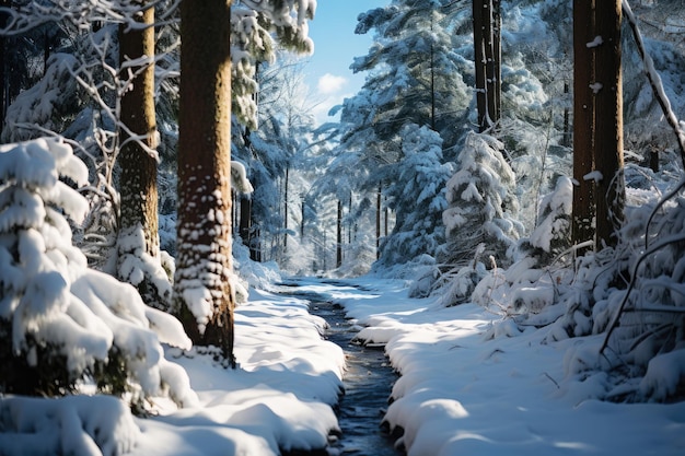 Freezing river in a snowy winter forest snow and ice in nature beautiful winter landscape