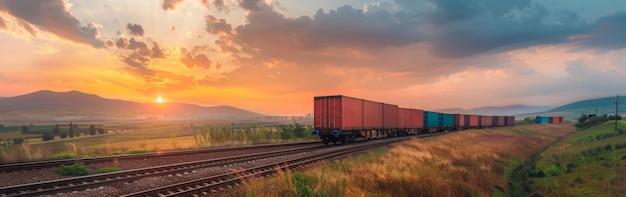 Photo freight train carrying shipping containers on railway tracks during a stunning sunset over a picture