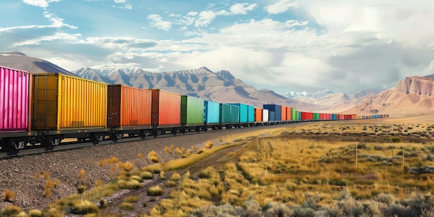 A freight train carrying very long multicolored contacts Ai generation