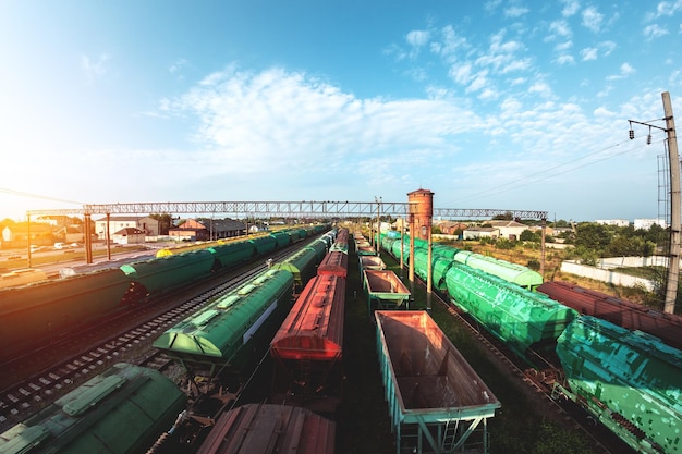 Freight trains - Cargo transportation. Grain transportation. Junction station from above