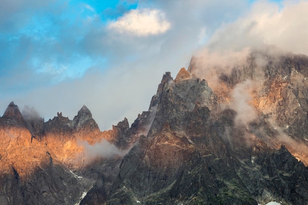 French Alps near the Aiguille du Midi view from Chamonix MontBlanc in sunset lights France