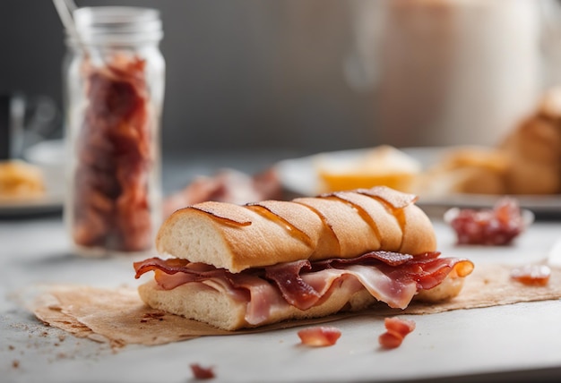 French baguette sandwich with prosciutto ham and bacon