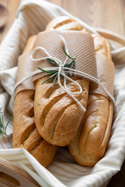 French baguettes on wooden table