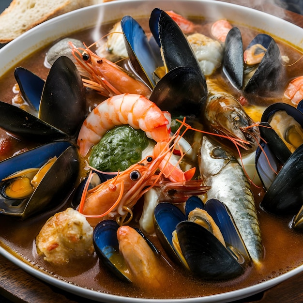 Photo french bouillabaisse with assorted seafood