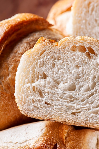 French bread cut in half showing the inside Closeup photo