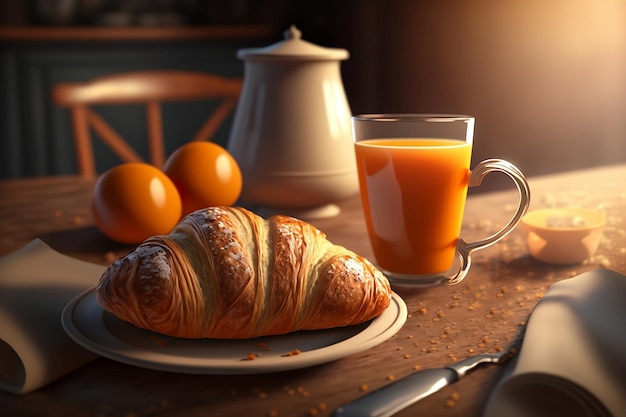 French breakfast with croissant coffee and orange juice