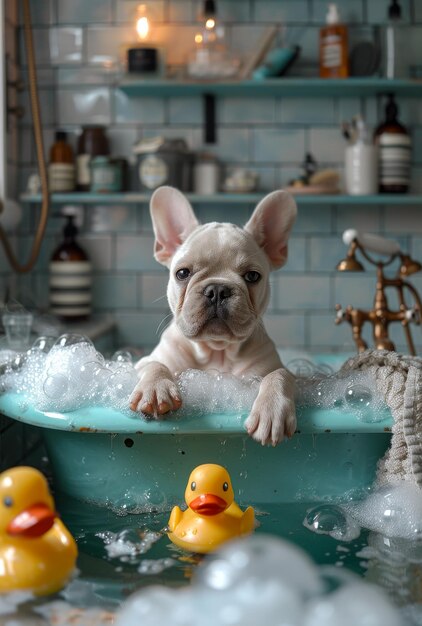 Photo french bulldog bath time a french bulldog sits in a bathtub filled with soapy water looking intently at the camera