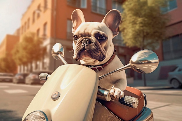 French bulldog breed dog sits behind the wheel of a moped on a city street Generative AI