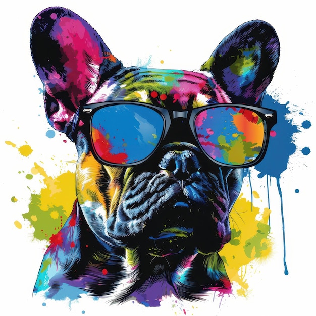 French Bulldog dog wearing sunglasses in colorful pop art style