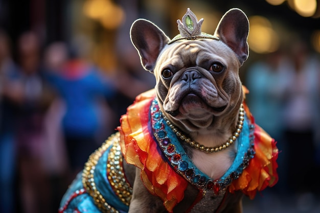 a french bulldog dressed in colorful costume in the carnival