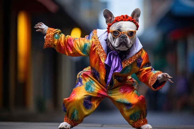 a french bulldog dressed in colorful costume in the carnival