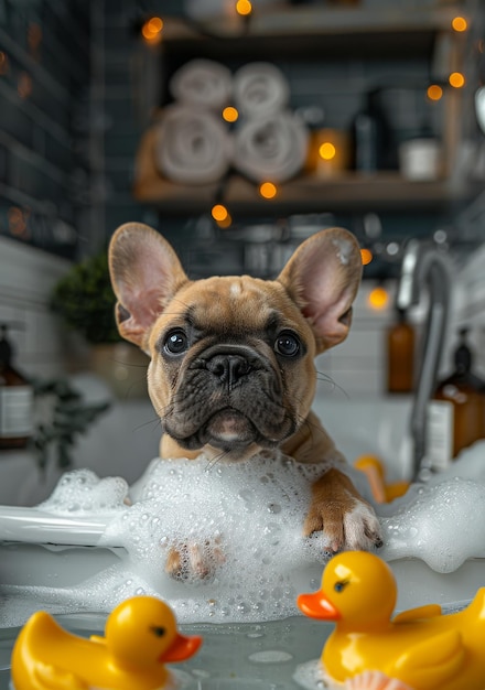 Photo french bulldog enjoys bubble bath with rubber ducks at home a playful french bulldog relaxes in a bubbly bath surrounded by rubber ducks in a cozy bathroom