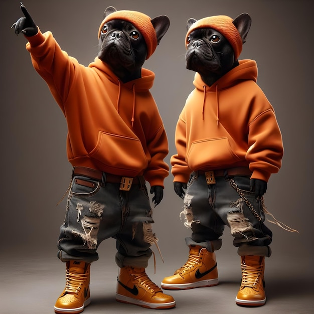 Photo french bulldog gangster plain orange hoodie