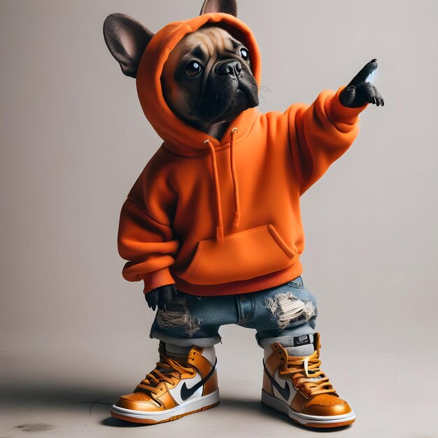 Photo french bulldog gangster plain orange hoodie