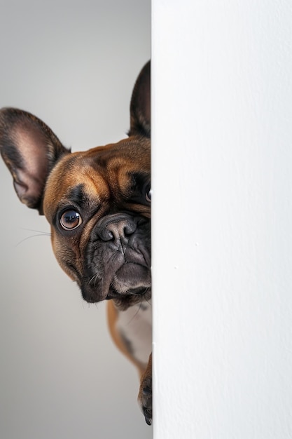 Photo french bulldog hiding in corner of the room and sneaking also generative ai