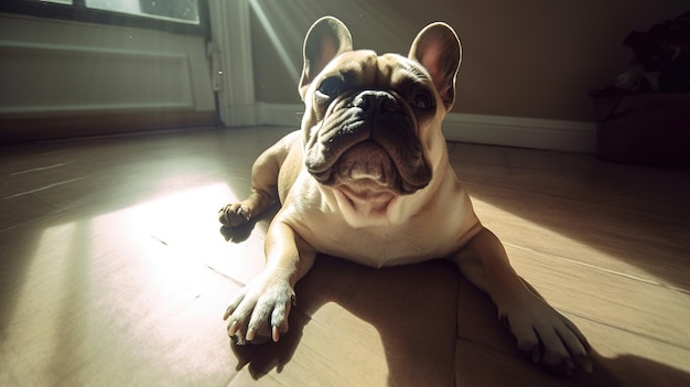 A french bulldog is laying on the floor in front of a window