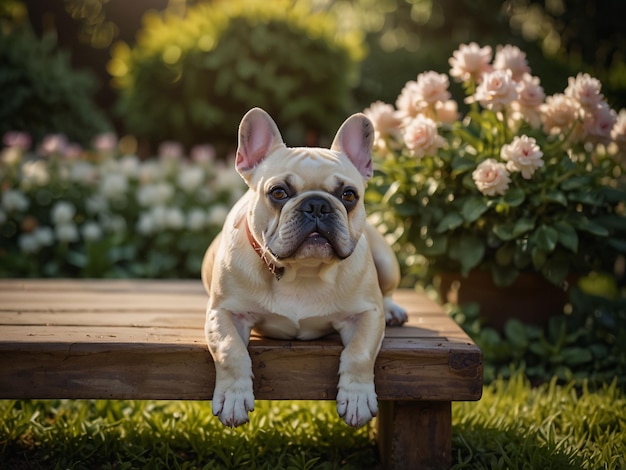 a French Bulldog is sitting on a bench in the grass with flowers in the background