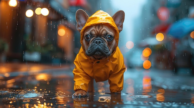 French Bulldog in Raincoat Braving the City Downpour