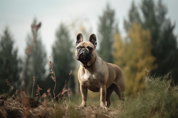 French bulldog standing on a rock in the autumn forest Portrait of a purebred dog AI Generated