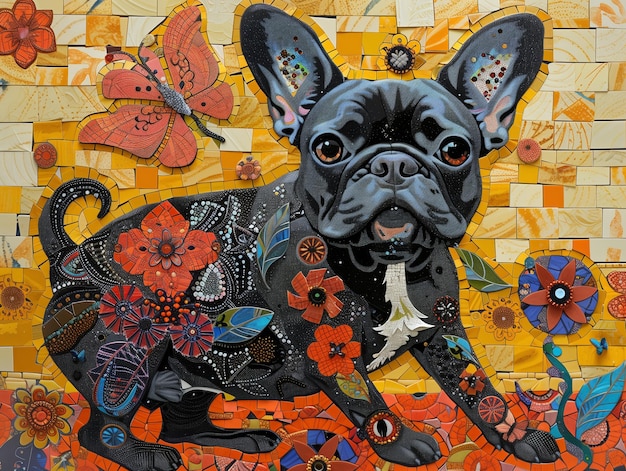 french bulldog in the style of an artist trading card bright colors intricate details