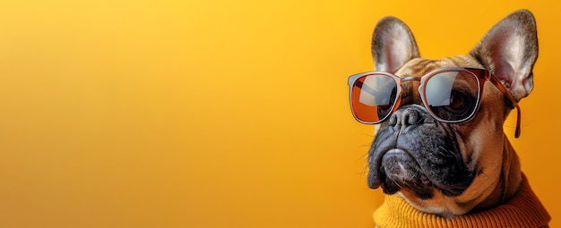 Photo french bulldog in stylish glasses against a yellow backdrop dog with eyewear showcasing intelligence concept of pet fashion smart animals canine fashion banner space for text