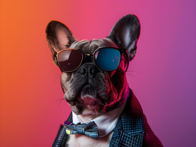 french bulldog wearing fancy suit and sunglasses